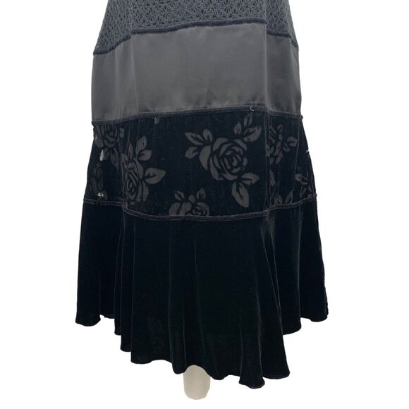 Vintage SZ 10 Black Midi Cocktail Dress Whimsigoth Velvet Silk Square Neck Goth - Picture 3 of 7